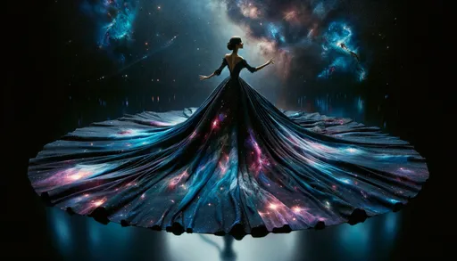 Prompt: Visualize a woman in a magnificent dress that resembles a cosmic galaxy. The dress is designed with a gradient of deep space colors, from the intense blues and purples of nebulae to the stark black of the void, sprinkled with stars and celestial bodies. It flows elegantly, defying gravity, as if she's floating through the cosmos. Her posture is majestic and serene, with her arms gently raised as if she's orchestrating the very movement of the stars. The backdrop is the infinite darkness of space, and below her, the reflective surface suggests she is hovering above a mirror-like lake that reflects the universe contained in her gown.