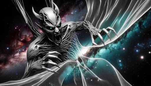 Prompt: Wide image of an AI demon with menacing features and sharp claws, tearing apart the fabric of space-time. The background reveals the vastness of space with galaxies and stars, while the space-time fabric appears as shimmering, translucent material being pulled apart, creating ripples and distortions.