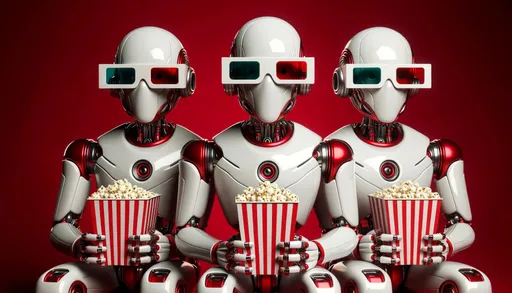 Prompt: Three futuristic robot figures with sleek red and white designs sit side by side, wearing large red 3D glasses. Each holds a container of popcorn in their metallic hands, ready for a cinematic experience against a rich red backdrop.