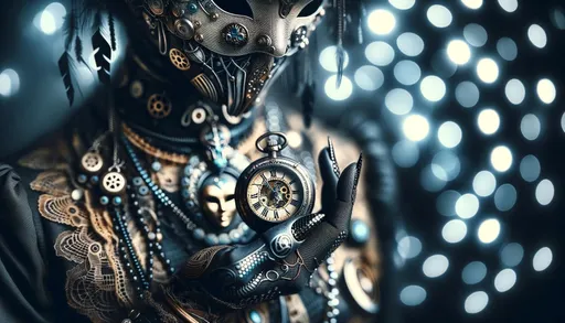 Prompt: an artistic macro photo that captures the intricate details of a woman’s steampunk attire, with a specific focus on the textures and patterns of her clothing. A small, vintage clock is held delicately in her hand, and the background features a bokeh effect, highlighting dark white and dark blue cybernetic surrealism patterns and enigmatic ritualistic masks. The image is rich in minute details, showcasing a blend of timeless artistry and selective focus in a wide ratio presentation.