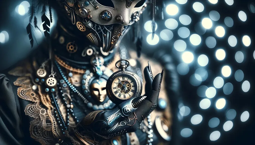 Prompt: an artistic macro photo that captures the intricate details of a woman’s steampunk attire, with a specific focus on the textures and patterns of her clothing. A small, vintage clock is held delicately in her hand, and the background features a bokeh effect, highlighting dark white and dark blue cybernetic surrealism patterns and enigmatic ritualistic masks. The image is rich in minute details, showcasing a blend of timeless artistry and selective focus in a wide ratio presentation.
