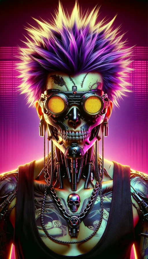 Prompt: Create a high dynamic range (HDR) photo of a cyberpunk character. The character should be in sharp focus, with exaggerated details and vivid colors. Their spiky purple hair should have distinct highlights and shadows, while the yellow eyes should be luminescent with high contrast. The character's goggles should reflect a complex environment with enhanced clarity. Their black tank top with a skull image and the metallic chains should have a striking texture contrast against the skin. The cybernetic enhancements and tattoos should be hyper-realistic with deep shadows and bright highlights, showcasing the tactile nature of the materials. The background should be a gradient of vibrant pink to deep magenta with a high contrast black pattern, giving the entire image a surreal, almost three-dimensional appearance typical of HDR photography.