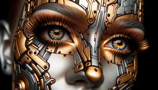 Prompt: Photo of a person with a face painted in golden and metallic hues, with detailed eyes that stand out amidst the robotic theme. Lashes are emphasized with shadows, and the overall appearance resembles a digital artwork.
