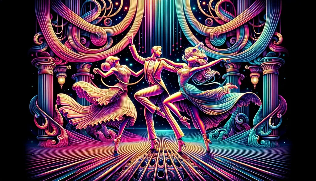Prompt: an illustration of a woman dancing with neon lights around her, in the style of dark fantasy creatures, afrofuturism, botticelli-esque figures, realistic hyper-detail, dark gold and magenta, comics, earthcore  in wide ratio
