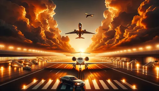 Prompt: A sprawling airport tarmac bathed in the warm glow of sunset features a gleaming private jet poised for takeoff. In the foreground, a luxurious sedan awaits, reflecting the luminance of the surrounding lights. Above, a smaller aircraft soars against a backdrop of billowing clouds tinged with golden hues.