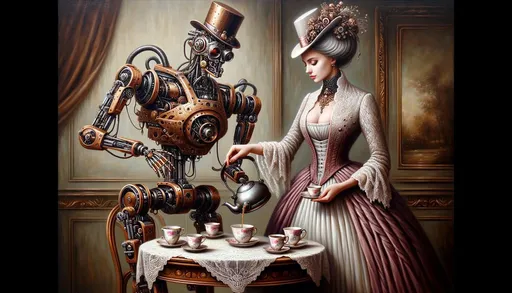 Prompt: Oil painting of a sophisticated steampunk droid embodying feminine elegance. Adorned in attire reminiscent of the Victorian age, her structure is an artful combination of metal components and intricate machinery. Standing beside an antique table, her delicate mechanized hands skillfully serve tea from a metallic kettle into a classic cup, all set against a backdrop oozing historical charm.