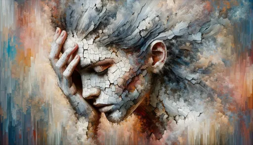 Prompt: Abstract artistic painting of a woman showing her head, in the style of cracked, daz3d, rusty debris, serene faces, pixelated realism, hyper-realistic water, detailed character illustrations in wide ratio.