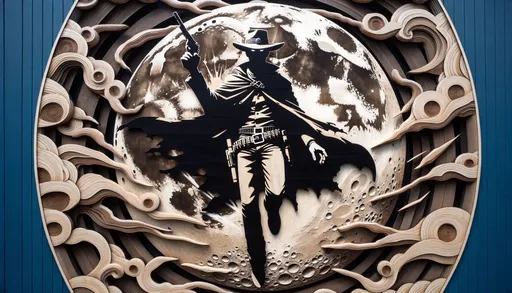 Prompt: Wide image of a mural that blends intricate woodwork design with cinema4d rendering. It features a dark cowboy on the moon's surface, with haunting shadows around. The artwork is influenced by pop culture, manga, and has a paper-like texture.