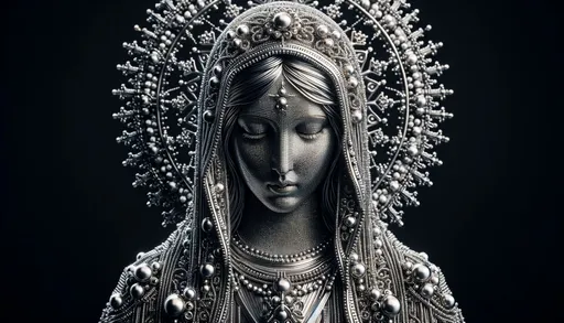 Prompt: 3D render of the Virgin Mary made of silver beads, emphasizing depth, reflections, and intricate beadwork in wide ratio