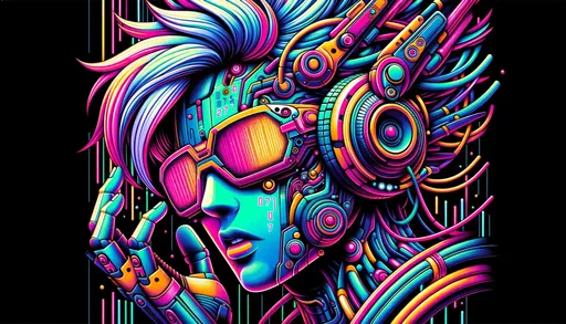 Prompt: Design a vibrant portrait of a futuristic animated character, emphasizing neon color contrasts, detailed facial features, and unique accessories. Incorporate a mysterious alphanumeric code somewhere in the image.