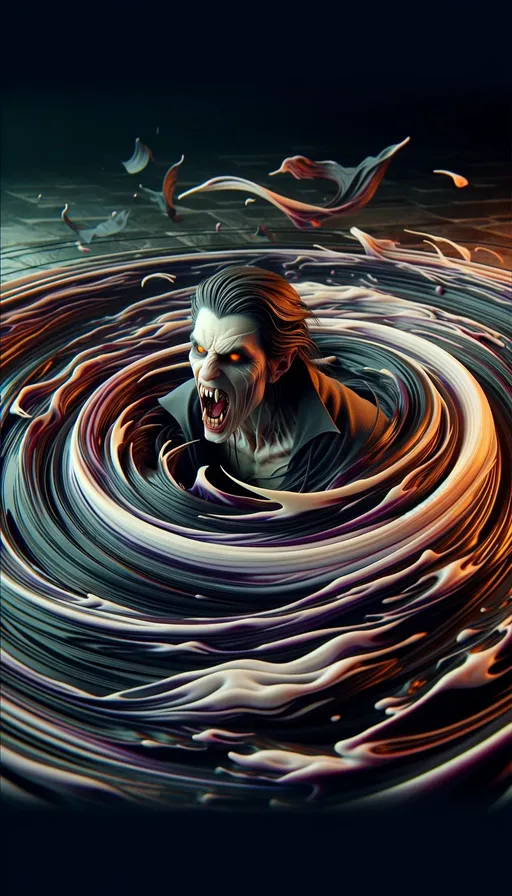 Prompt: A full-frame 3D rendered image of a vampire emerging from an evil whirlpool. The entire image is filled with the scene, without any borders or frames. The whirlpool swirls with dark, ominous colors, and the vampire is rendered in realistic 3D, with pale skin, sharp fangs, and a menacing expression. The background is a dimly lit, mysterious environment, contributing to the eerie and foreboding atmosphere. The image should convey a sense of depth and realism, with detailed textures and sophisticated lighting effects to enhance the 3D rendering.