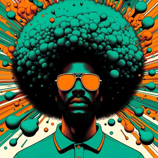 Prompt: a man's afro with a green polo, in the style of retro pop art inspirations, dark orange and light cyan, psychedelic tableaux, color splash, mushroomcore, futuristic optic