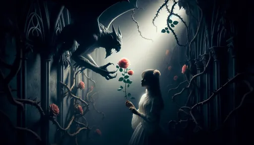 Prompt: Wide ratio scene set in a haunting Gothic realm, where a delicate rose blooms amidst thorny vines, symbolizing the fragile balance between love and fear. Shadows cast by looming gargoyles contrast the soft luminescence of a young maiden's aura, embodying the interplay of innocence and darkness.