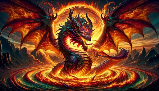 Prompt: A powerful dragon with vibrant, shimmering scales and piercing eyes, rising from a colossal whirlpool of fire. The flames are more intense and elaborate, with rich shades of orange, red, and yellow creating a dynamic swirl. The dragon's wings are fully extended, displaying intricate wing patterns and robust muscles. The background features a striking sunset sky, enhancing the scene's epic and mysterious ambiance.