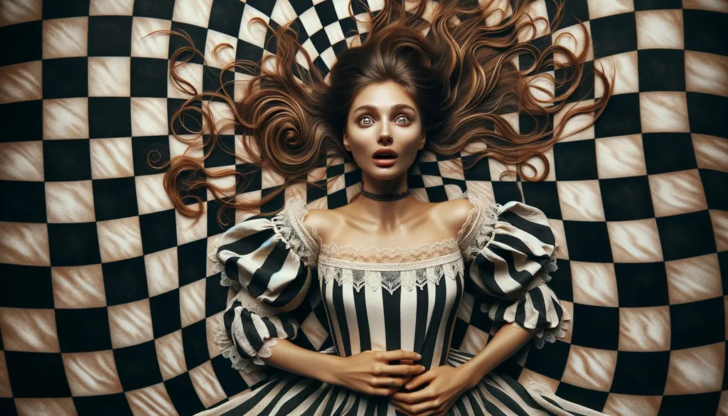 Prompt: Capture a raw photo of a woman in a vintage dress, laying atop a swirling checkerboard pattern. Her long hair should flow wildly around her, and her eyes should be widened in shock or surprise. Ensure that the lighting is natural and the details are crisp, highlighting the textures of her dress and the checkerboard pattern.