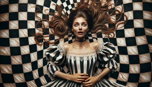 Prompt: Capture a raw photo of a woman in a vintage dress, laying atop a swirling checkerboard pattern. Her long hair should flow wildly around her, and her eyes should be widened in shock or surprise. Ensure that the lighting is natural and the details are crisp, highlighting the textures of her dress and the checkerboard pattern.