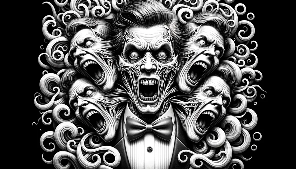 Prompt: Digital portrayal of a creepy monochromatic image of a man sporting a bowtie. Surrounded by swirly embellishments, his face fragments into multiple contorted and scream-filled faces, delivering a hair-raising and surrealistic vibe.