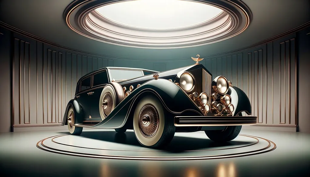 Prompt: In a wide frame, visualize a sumptuous dark-colored car, its design marked by graceful arcs and streamlined aesthetics. Gold embellishments grace the vehicle, emphasizing features like its commanding grille and ornamental wheel spokes. The car's grandeur is enhanced by a gentle gradient background, spotlighting its prestige.