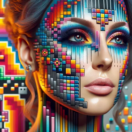 Prompt: An advanced and intricate 8-bit style makeup, featuring more complex pixelated designs, vibrant colors, and detailed blocky shapes. The makeup should give an illusion of depth and sophistication, resembling high-definition old video game graphics. The person's facial expression should be subtly expressive, enhancing the impact of the makeup. The background should be more dynamic but still complementary to the 8-bit aesthetic, perhaps with subtle pixelated patterns or gradients.