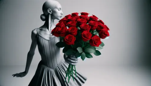 Prompt: A raw photo-style image of a gray and white ballet dancer holding a bouquet of red roses, creating a stark contrast. The image should be in a wide ratio format. The ballet dancer should appear natural and lifelike, as if captured in a candid photographic moment. Focus on the vibrant red of the roses against the subdued gray and white tones of the dancer's costume and background, with natural lighting and shadow effects to give the impression of a real, unedited photograph.