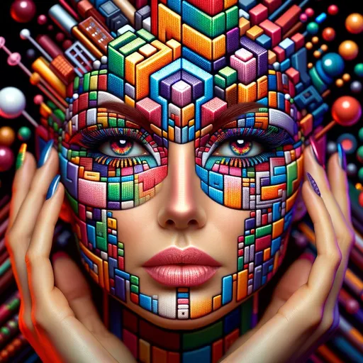 Prompt: A highly advanced, three-dimensional looking 8-bit style makeup, with even more complex and intricate pixelated designs, vibrant and varied colors, and multi-layered blocky shapes. This makeup should create an almost 3D effect, pushing the boundaries of the 8-bit aesthetic into a new realm, resembling a fusion of old video game graphics with modern 3D art. The person's facial expression should be engaging and dynamic, further enhancing the striking visual effect. The background should be rich and interactive, with elements that echo the makeup's advanced 3D pixelated style.