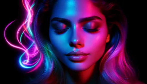 Prompt: A woman's face is illuminated by a vibrant interplay of neon lights, casting shades of pink, blue, and purple. Her eyes are closed in serenity, emphasizing the soft features of her face, as psychedelic swirls of color dance around her.