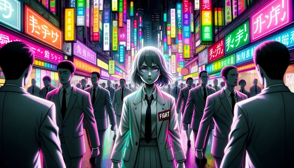 Prompt: A bustling neon city street, where the emotions of its inhabitants are manifested as brilliant colors. Amidst this spectrum, a young girl with a distinct "FIGHT" sticker on her attire stands out. She moves towards a region where the colors start to fade, becoming monochrome. Here, members of the gray-toned syndicate, devoid of any colorful emotions, confront her, their intent clear in their emotionless gray eyes.