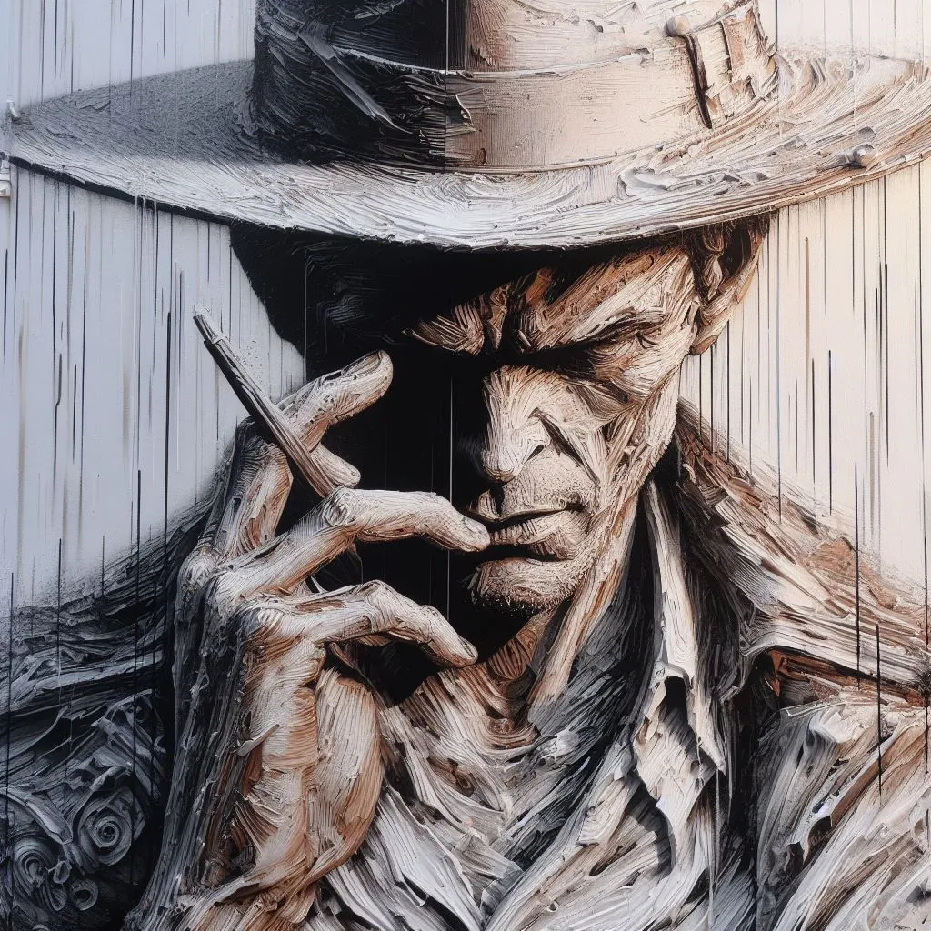 Prompt: A meticulously detailed street art mural reveals a man wearing a hat, influenced by both horror manga aesthetics and Zbrush digital techniques. The artwork is drenched in white and bronze shades, and the multilayered composition is highlighted by a strong backlight, ensuring a sharp and vibrant visual impact.