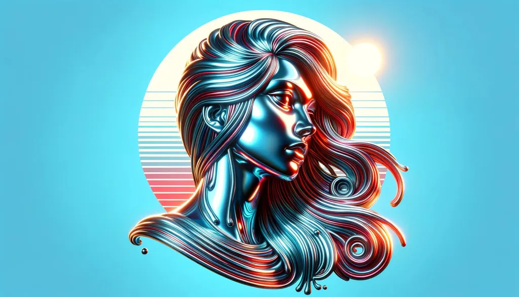 Prompt: Render of a female figure with hair that glistens as if made from liquid metal. Sunbeams play upon the metallic strands, enhancing the vivid realism of the piece. Bold lines define her features, and the color scheme is a vibrant mix of sky-blue and red. The groovy design is accentuated by the hyper-realistic detailing.