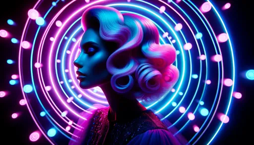Prompt: Wide image capturing a luminous side profile of a woman, her hair defined by swirling curls in shades of pink, blue, and lavender. Behind her, captivating neon circles radiate outwards, enhancing the ambiance. The scene is dominated by a palette of cool, electric colors, exuding a mesmerizing, sci-fi vibe.