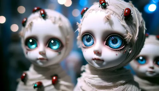 Prompt: Two ethereal doll-like figures with large, luminous blue eyes gaze forward with expressions of innocent curiosity. Their pale, delicate faces are adorned with tiny marks and cloth wrappings reminiscent of mummies, punctuated with occasional bright red beetles crawling atop. The ambient background is blurred, giving a mysterious aura.