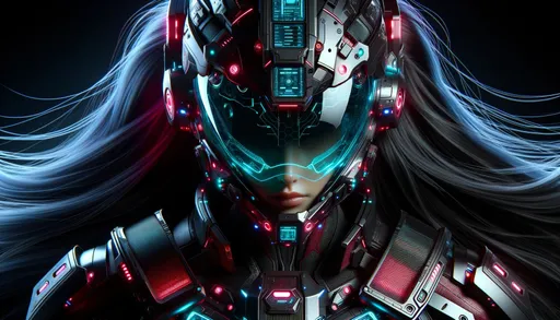 Prompt: The image presents a futuristic female warrior wearing a sophisticated helmet, illuminated with various neon lights and holographic displays. Her visor casts a soft blue glow, revealing a focused expression underneath. Dark, flowing hair cascades behind her, contrasting with the sharp, tech-heavy design of her gear. A bold, red protective armor covers her shoulders. in wide ratio