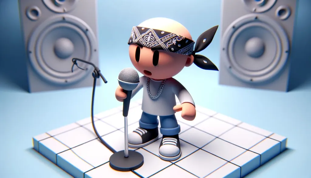 Prompt: 3D render of a cartoon man wearing a bandana, holding a microphone. The scene looks like a screenshot, designed with PS1 graphics quality. The perspective is intentionally distorted, and elements have a blurred, crystalcore aesthetic, giving the image a congruent and unique feel.