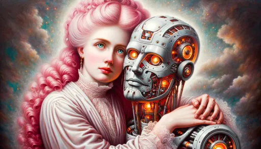 Prompt: Oil painting in the style of 19th-century realism depicting a woman with radiant pink hair and powerful eyes, intimately hugging a humanoid robot. The robot, detailed with signs of age, has lifelike facial features with gentle orange lights shining from within.