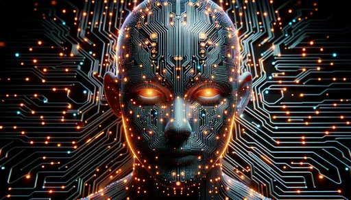 Prompt: Photorealistic 3D render of a digitalized humanoid face with circuit patterns and maze designs, where the circuits start to glow in various neon colors, creating a futuristic look. The backdrop is black with radiant electronic patterns and orange glows.