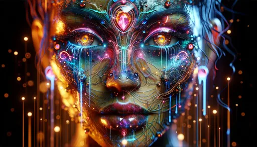 Prompt: Artistic macro photo render diving into the surreal world of a humanoid figure of Polynesian descent. Her face, a canvas of futuristic art, seamlessly integrates electronic interfaces, ethereal tattoos, and gem-like structures. Her eyes, portals to another dimension, shimmer with an otherworldly glow. Drizzles of digital rain morph into liquid neon, and the ambient lines dance like electric currents, crafting a dreamscape that challenges the boundaries of reality.