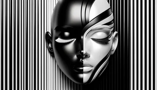 Prompt: 3D render of a black and white face artfully painted, juxtaposed against a contrasting striped backdrop, emphasizing the essence of futuristic glam with bold shadows and a multi-layered composition.