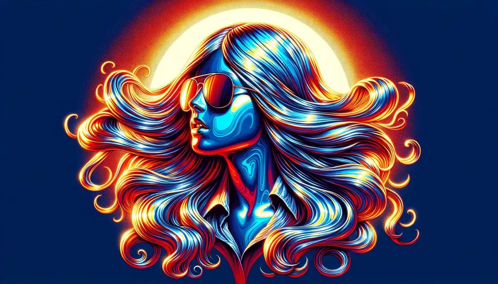 Prompt: Digital art of a girl with hair that appears as though it's forged from shimmering liquid metal. The sun casts brilliant rays upon her, creating a vivid realism. The artwork is characterized by bold lines and a palette dominated by sky-blue and red. The details are hyper-realistic, making the groovy design come to life.