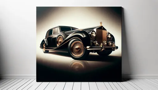 Prompt: Across a wide canvas, capture an opulent black vehicle, its shape defined by its sweeping lines and polished appearance. Rich gold trims decorate the car, focusing on elements such as the dominant front grille and the intricate spokes of its wheels. The overall composition is highlighted by a soft gradient backdrop, underscoring its sophistication.