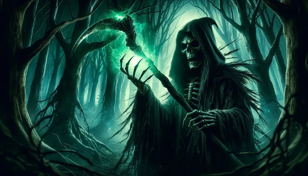 Prompt: The image depicts a sinister figure shrouded in a dark hooded cloak, resembling the Grim Reaper, wielding a staff that emanates a bright, mystical green energy. The background is a haunting forest with gnarled, twisted trees and a dense fog that obscures the depths of the woods, enhancing the eerie atmosphere. in wide ratio