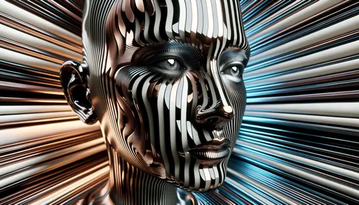 Prompt: Digital art of a face patterned with black and white stripes, where the surface mirrors chrome reflections. The scene is enhanced by quantum wavetracing, offering a unique visual experience. The backdrop blends light bronze and dark blue, alluding to a multimedia installation with strong futurist influences. Certain features stand out with selective focus.
