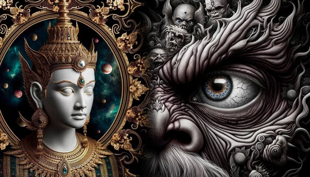 Prompt: Photo of an ethereal woman with golden jewelry on her forehead, next to a detailed monstrous face with a large eye. The background has dark, swirling patterns uniting the two figures.