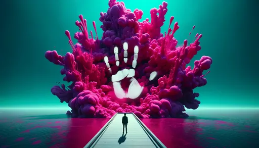 Prompt: A solitary silhouette stands on a pathway, confronting a massive splash of vibrant magenta ink. Within the splash, a white handprint emerges, contrasting against the turquoise background. The scene exudes an abstract, surreal vibe.