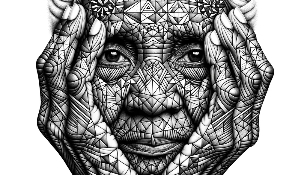 Prompt: Monochromatic drawing of an elderly African woman's face and hands. Geometric patterns contour her face, suggesting complexity. Her introspective eyes peek out from behind the patterns.