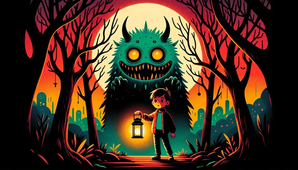 Prompt: In a vivid sunset backdrop, a young boy clutching a bright lantern stands out. The dark silhouettes of looming trees and a distant city skyline frame him. Behind the boy, a menacing teal creature covered in spikes emerges, its yellow eyes shining and a haunting grin on its face.