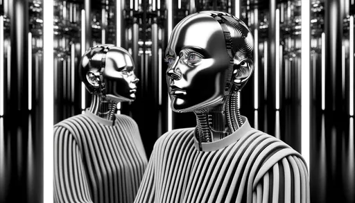 Prompt: the woman standing in front of mirrors, in the style of surreal robotics, rendered in cinema4d, striped, dark silver, exaggerated facial features, bold saturation innovator, porcelain in wide ratio