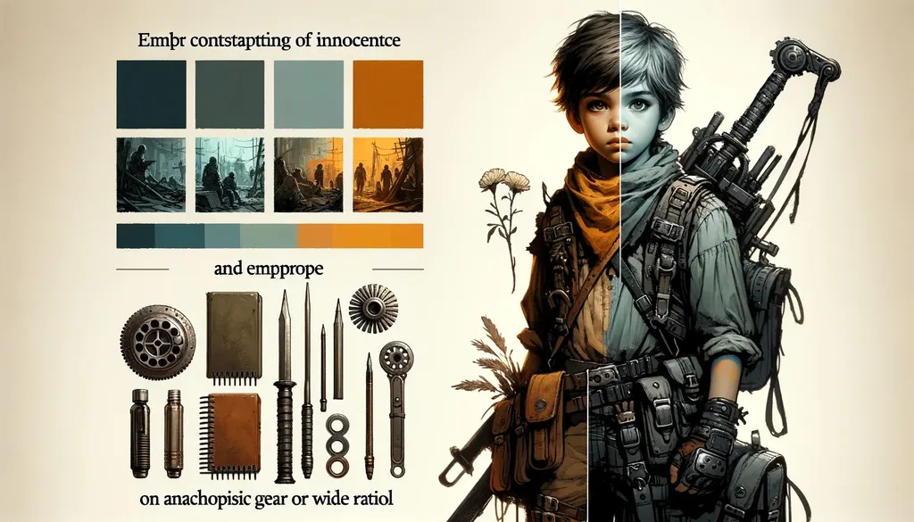 Prompt: Illustrate a young warrior in a post-apocalyptic setting. Embed contrasting elements of innocence and determination, and use a predominant color palette to evoke emotions. Equip the character with anachronistic gear or weapons in wide ratio.