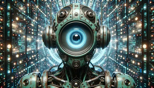 Prompt: Wide image of a robotic figure with large, speaker-like eyes emanating a gentle glow with mesmerizing patterns. The robot's teal and rusted metal body is intricately detailed with wires and mechanical components. The backdrop features a myriad of electronic circuits and pulsing lights, hinting at an advanced tech setting.