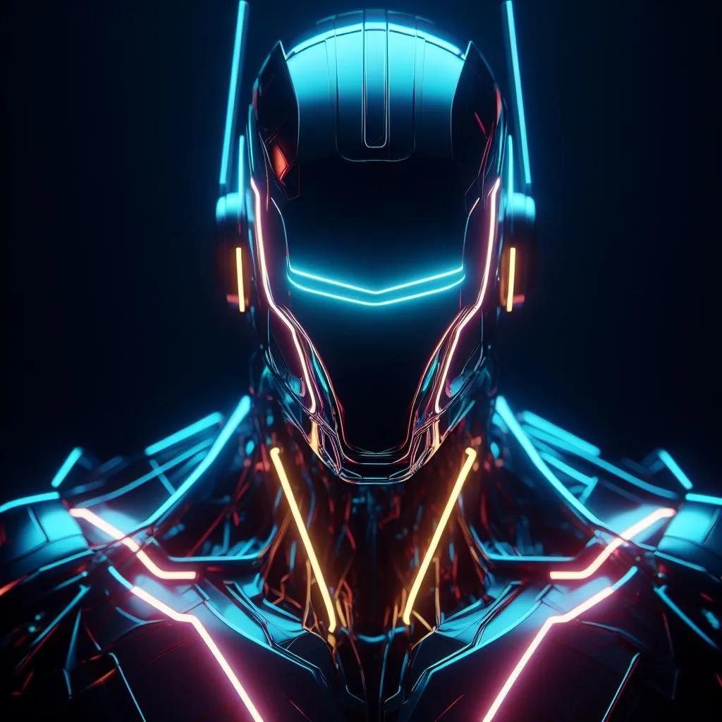 Prompt: robot with neon lit head, glowing in the dark, in the style of precisionist art, superheroes, fashwave, 8k, afrofuturism, iconic album covers, sleek lines