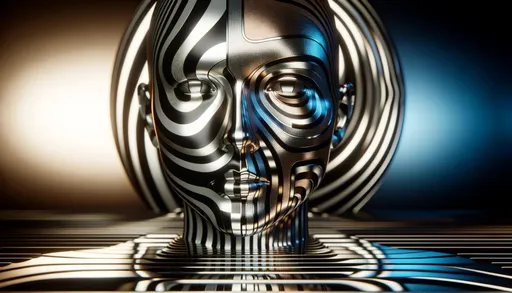 Prompt: Digital art of a face patterned with black and white stripes, where the surface mirrors chrome reflections. The scene is enhanced by quantum wavetracing, offering a unique visual experience. The backdrop blends light bronze and dark blue, alluding to a multimedia installation with strong futurist influences. Certain features stand out with selective focus.